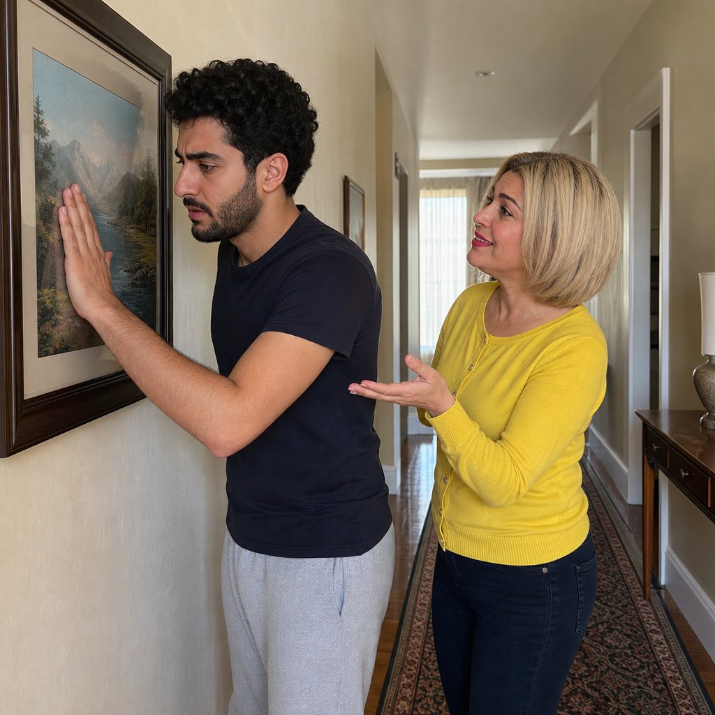 A young man presses his hand to a hallway frame while a blonde woman smiles tightly beside him.