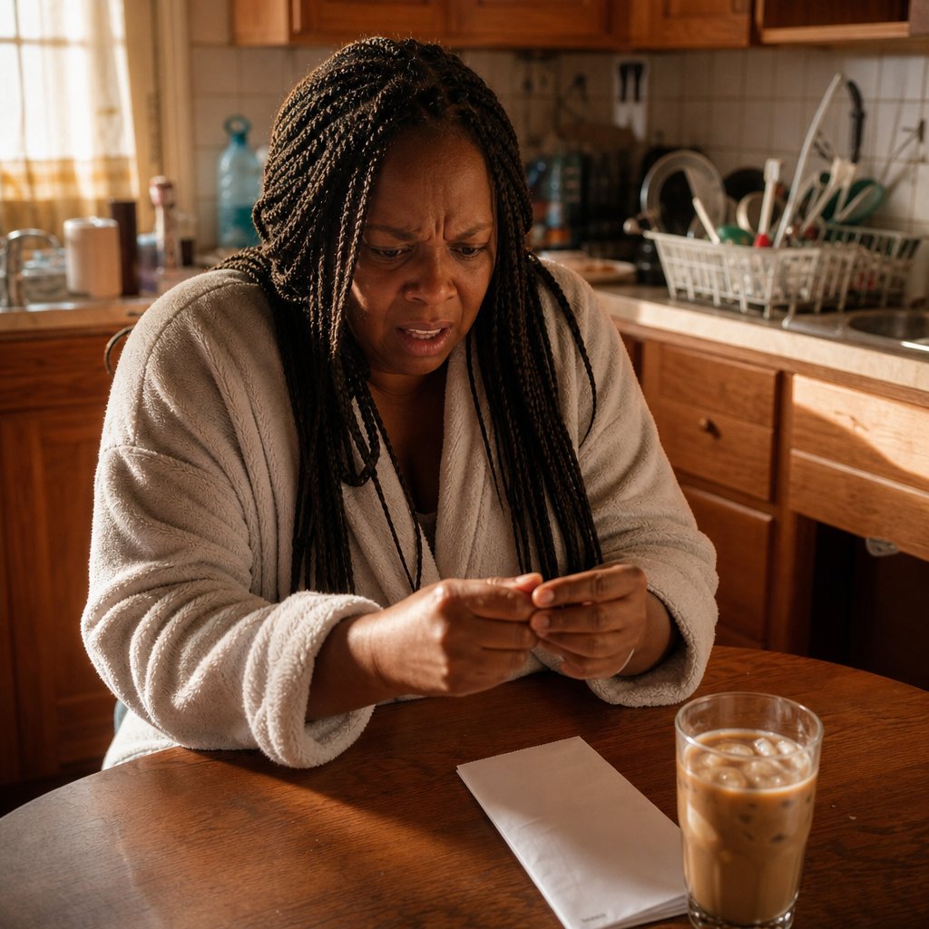 A woman with long box braids sits at a kitchen table in a robe, staring down in shock with an unopened bill and cold coffee nearby.