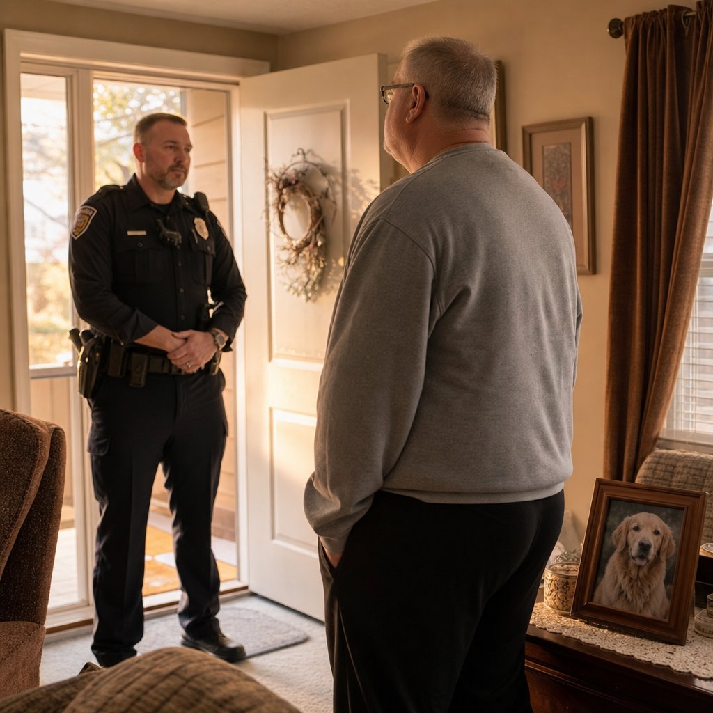 A police officer stands by the door while a gray-haired man with glasses looks tense in his living room.