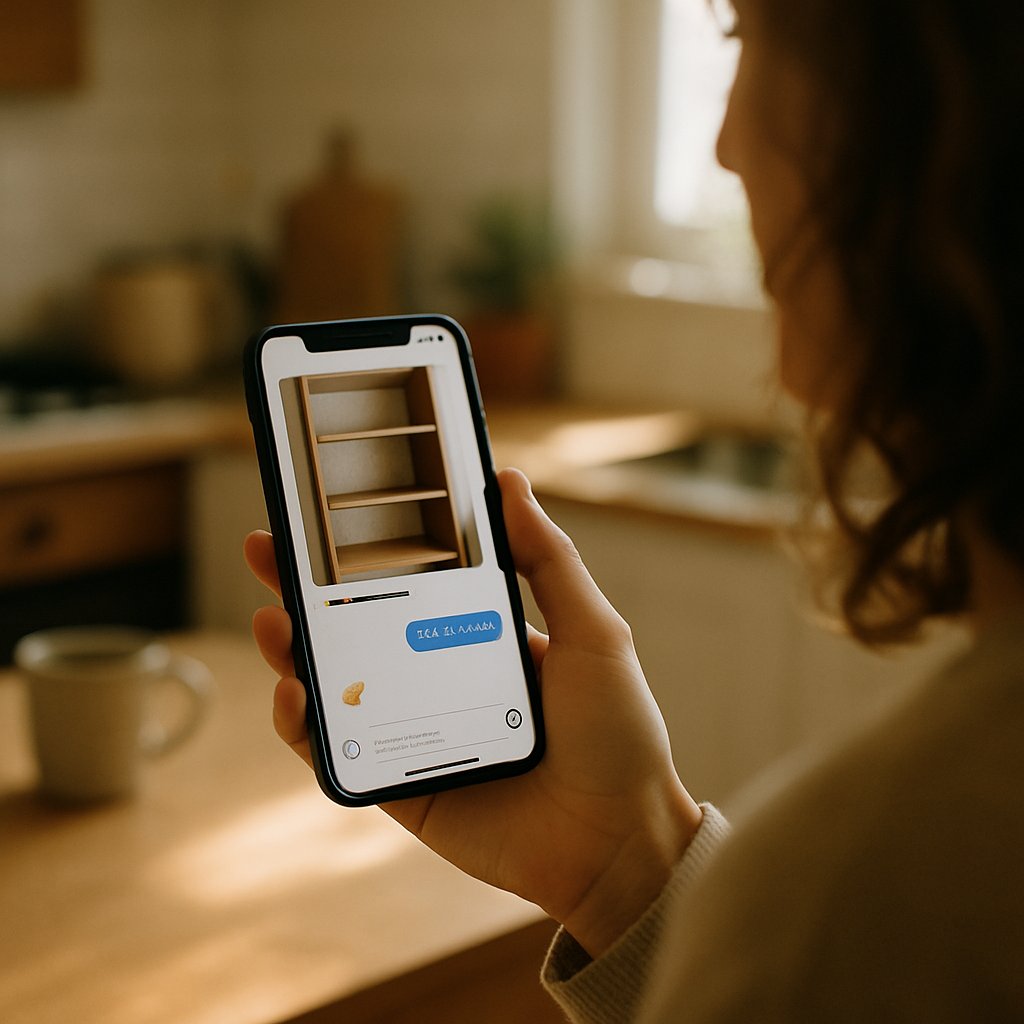 Smartphone showing empty shelf photo and a thumbs-up reply from Kyle.