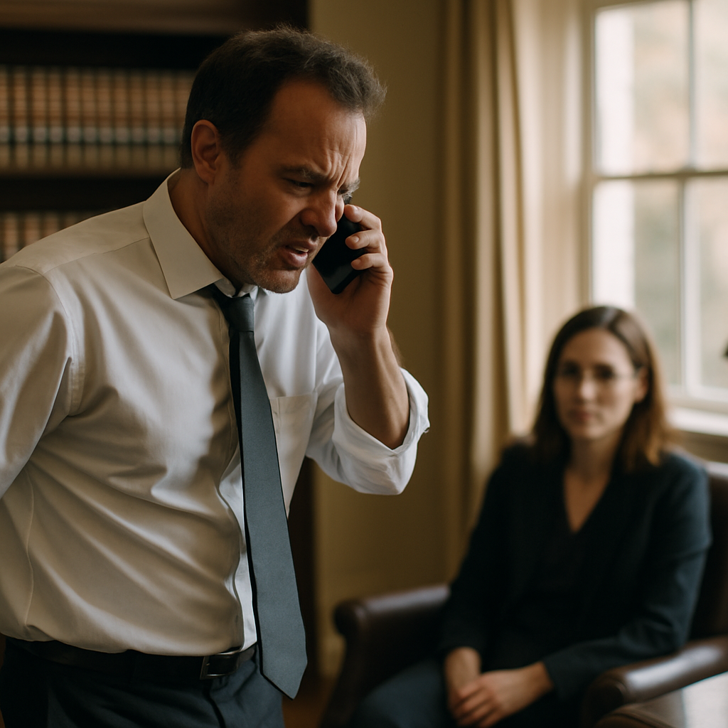 Man pacing angrily in lawyer’s office while woman watches quietly