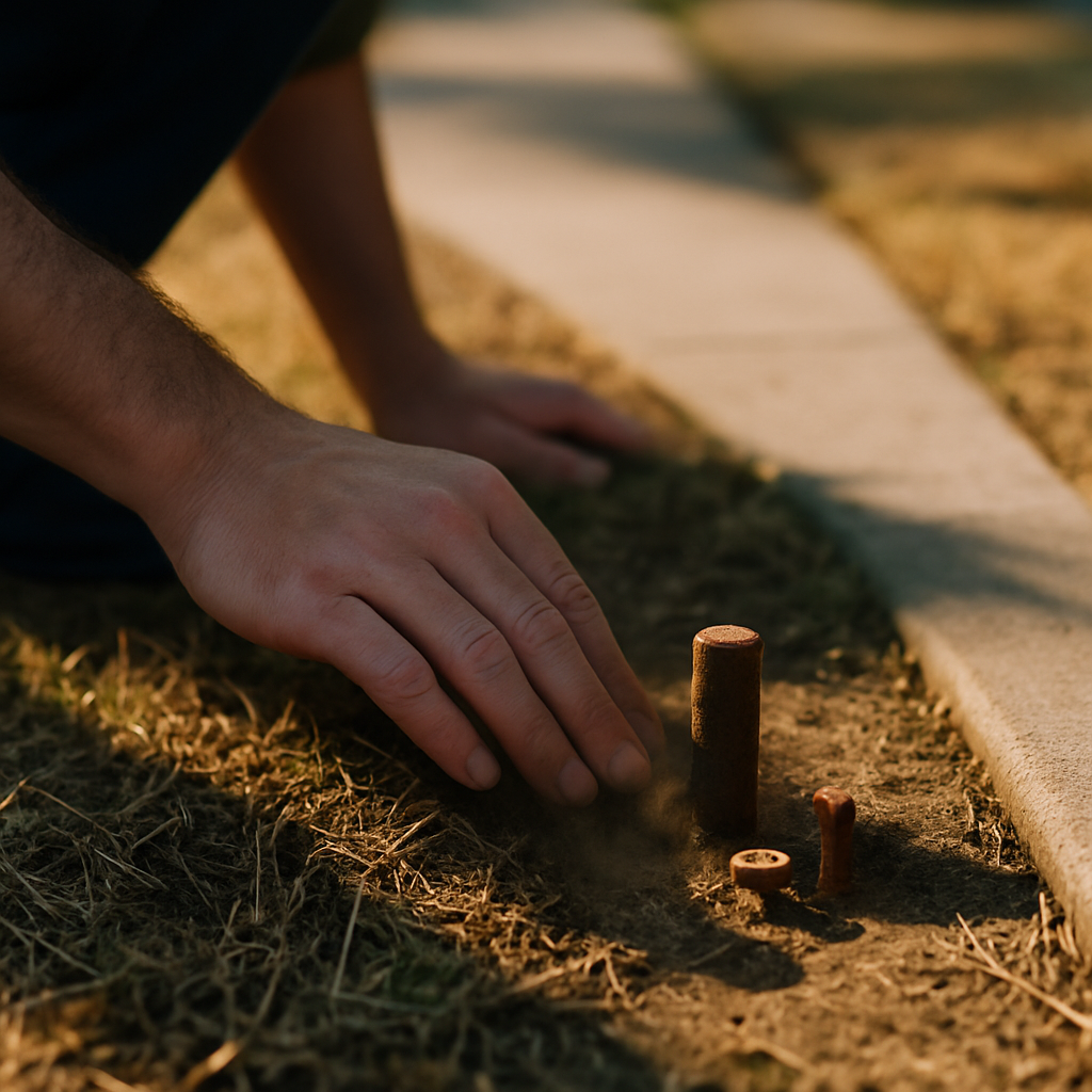Close-up of hand uncovering a metal survey pin by sidewalk under warm sunlight.