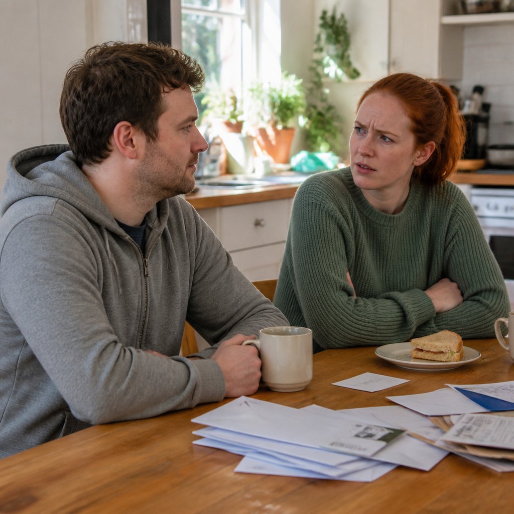 Man calmly listening during a tense kitchen conversation, woman looking concerned
