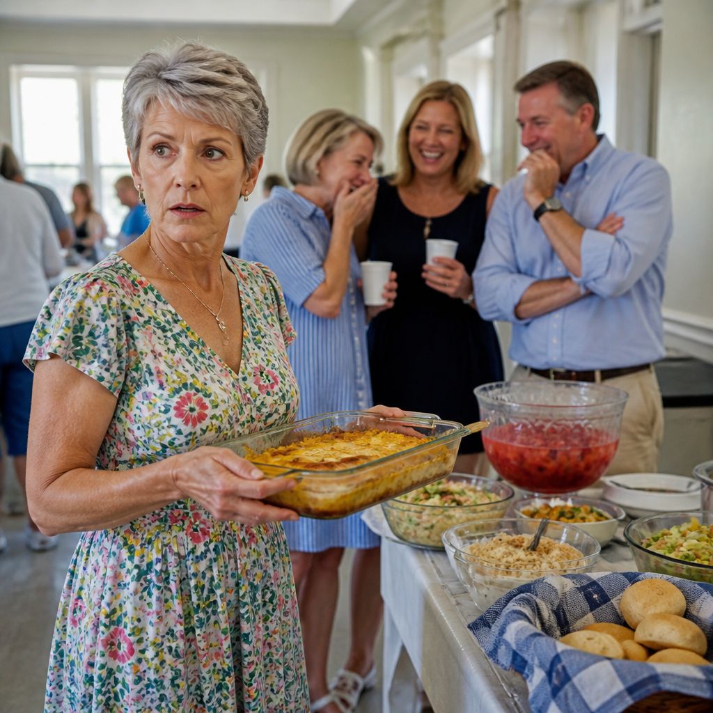 Woman holding casserole looks surprised at church potluck while group laughs nearby.