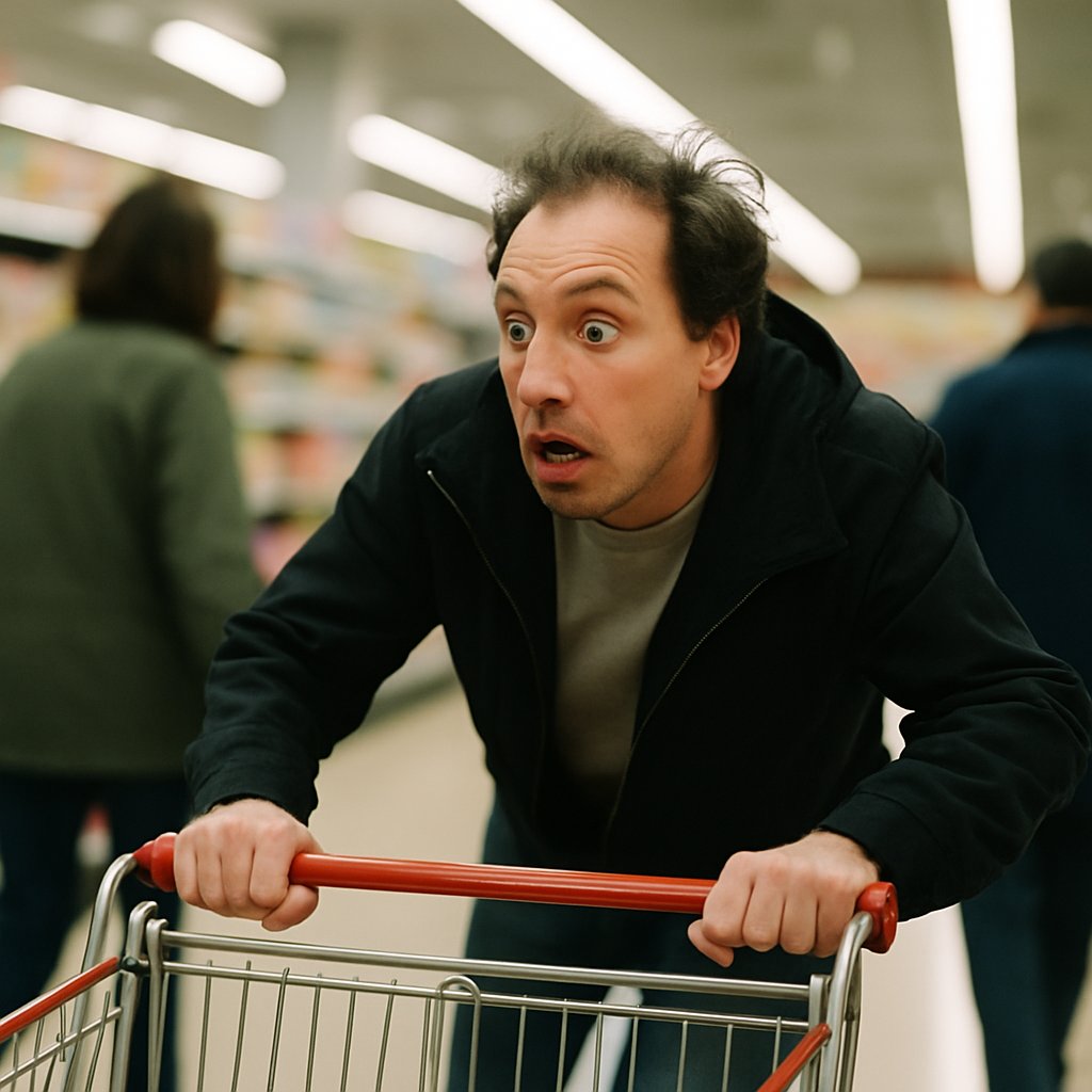 Person nearly falling in grocery store holding cart