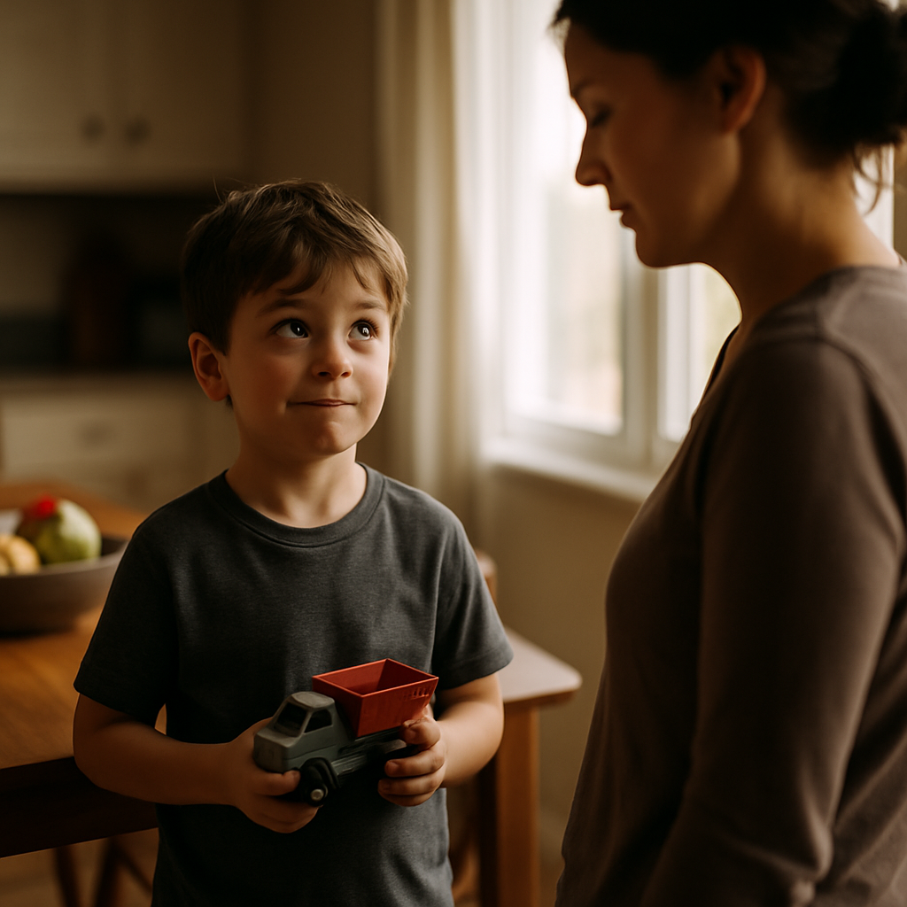 Boy holding toy truck, telling mother about neighbor’s words, mother looking uncertain.