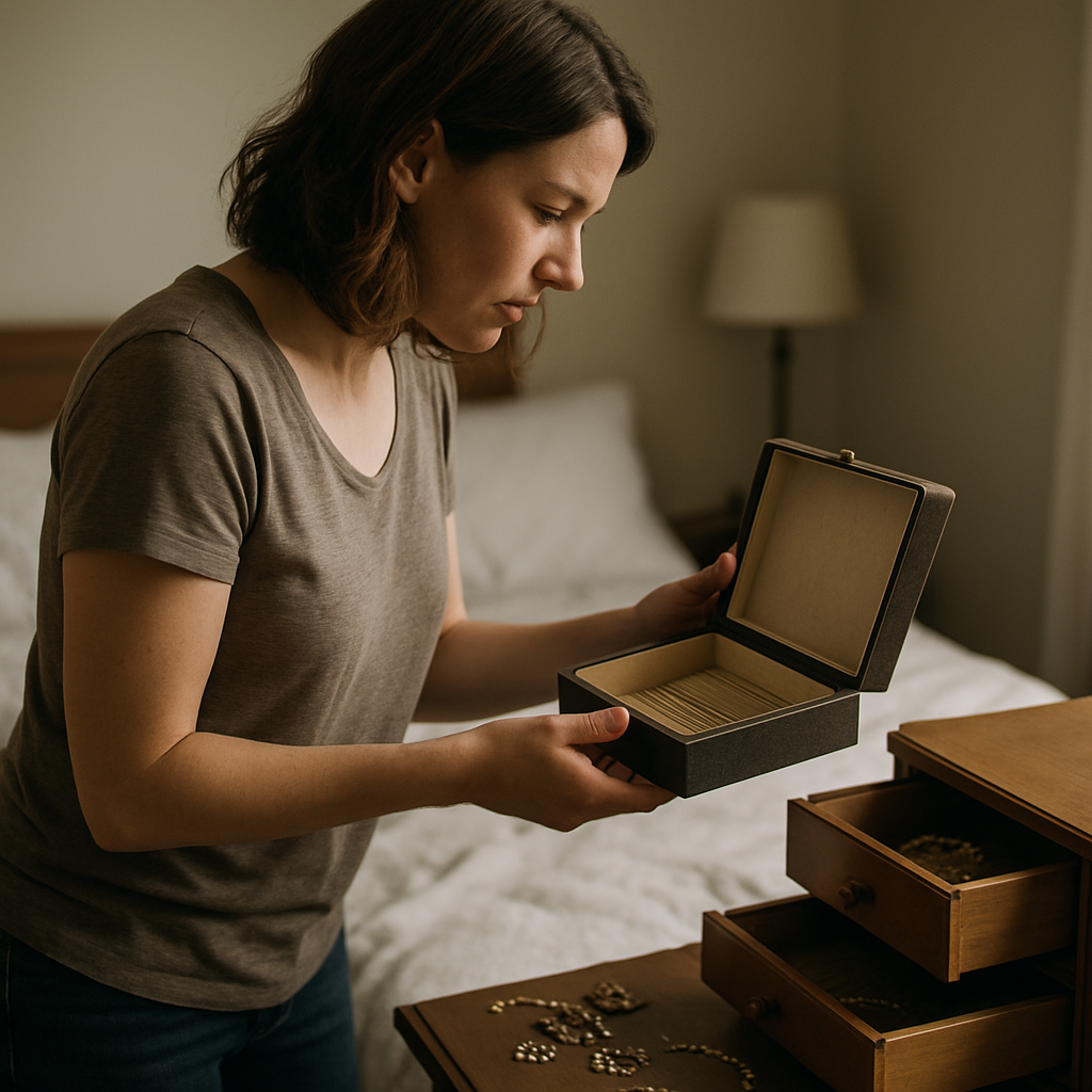 Woman looking surprised at an empty jewelry box with disorganized drawers on a bed in a softly lit bedroom.