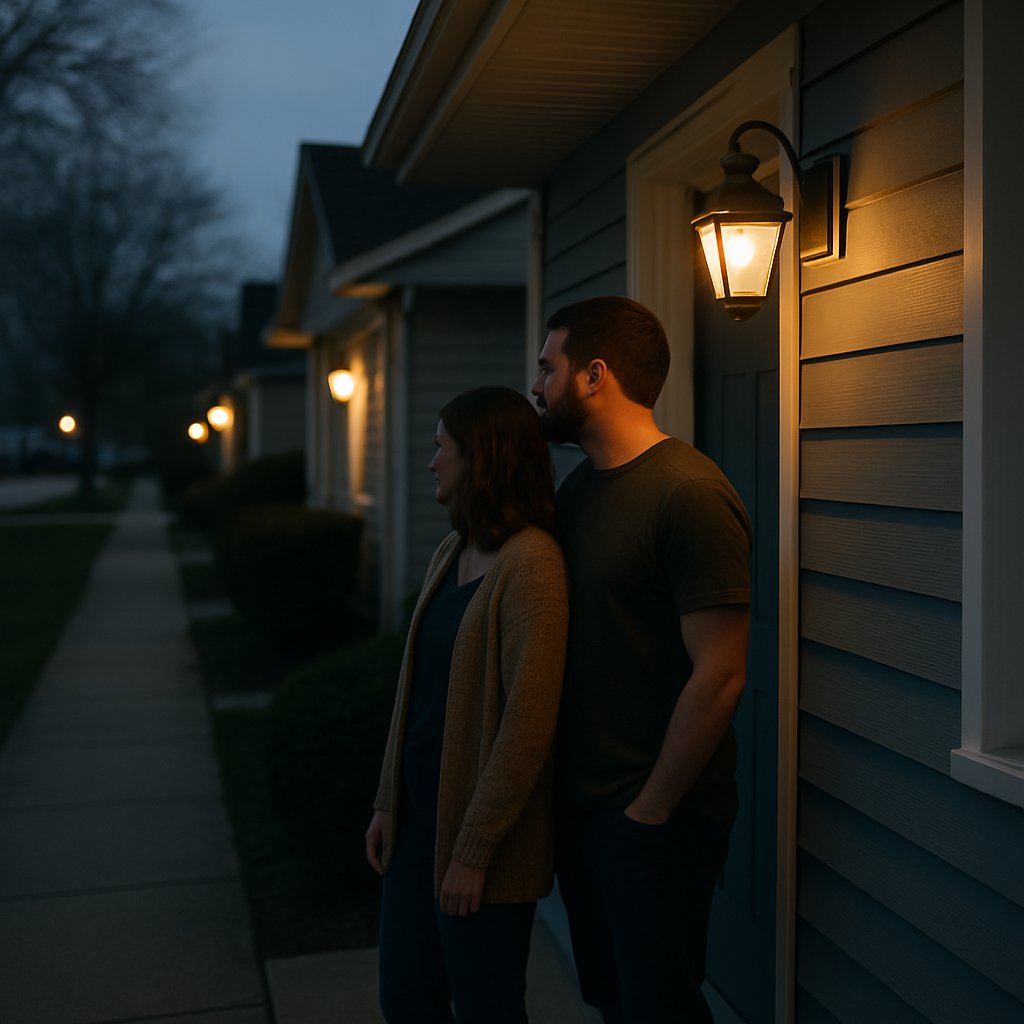 Suburban house porch light glowing warmly in early evening with people on porch.