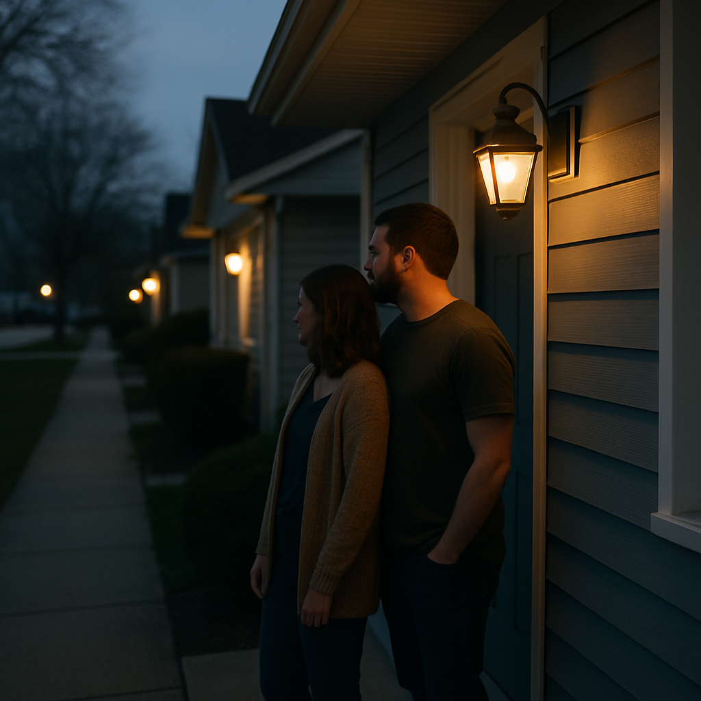 Suburban house porch light glowing warmly in early evening with people on porch.