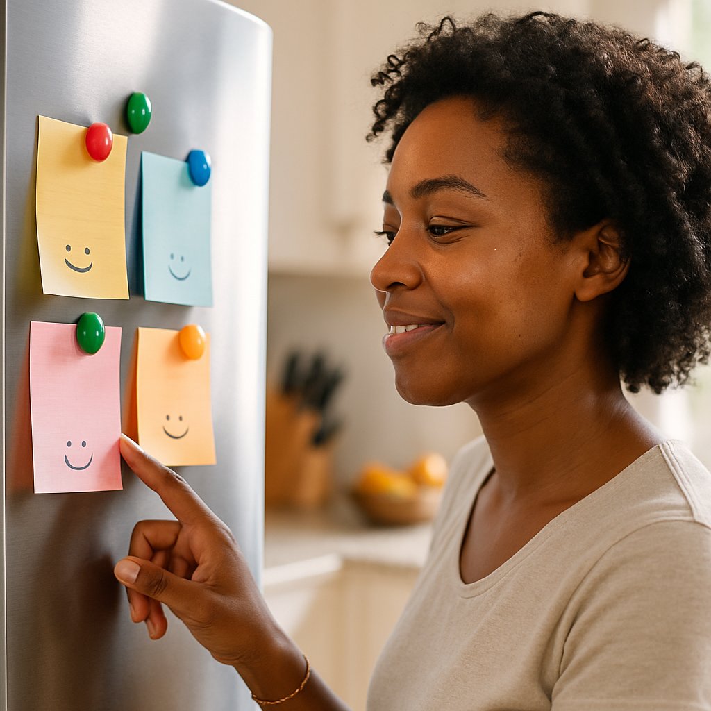 Close-up of fridge door with handwritten notes and colorful magnets