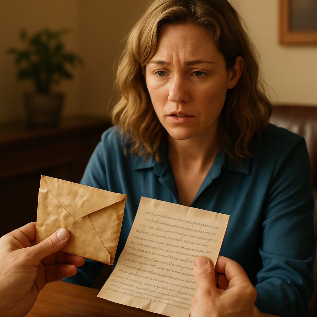 Hands holding a wrinkled envelope and a handwritten note, watched by a woman in a blue blouse.