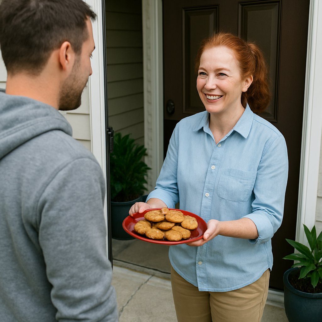 Man refusing cookies on porch, neighbor politely offering cookies.
