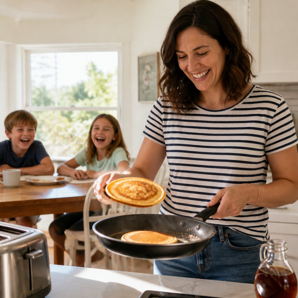 Mother flipping pancakes in the kitchen as children laugh at the table.