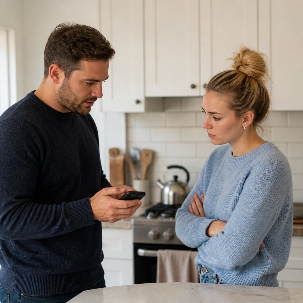 Man holding phone showing app, woman listening tensely in kitchen.