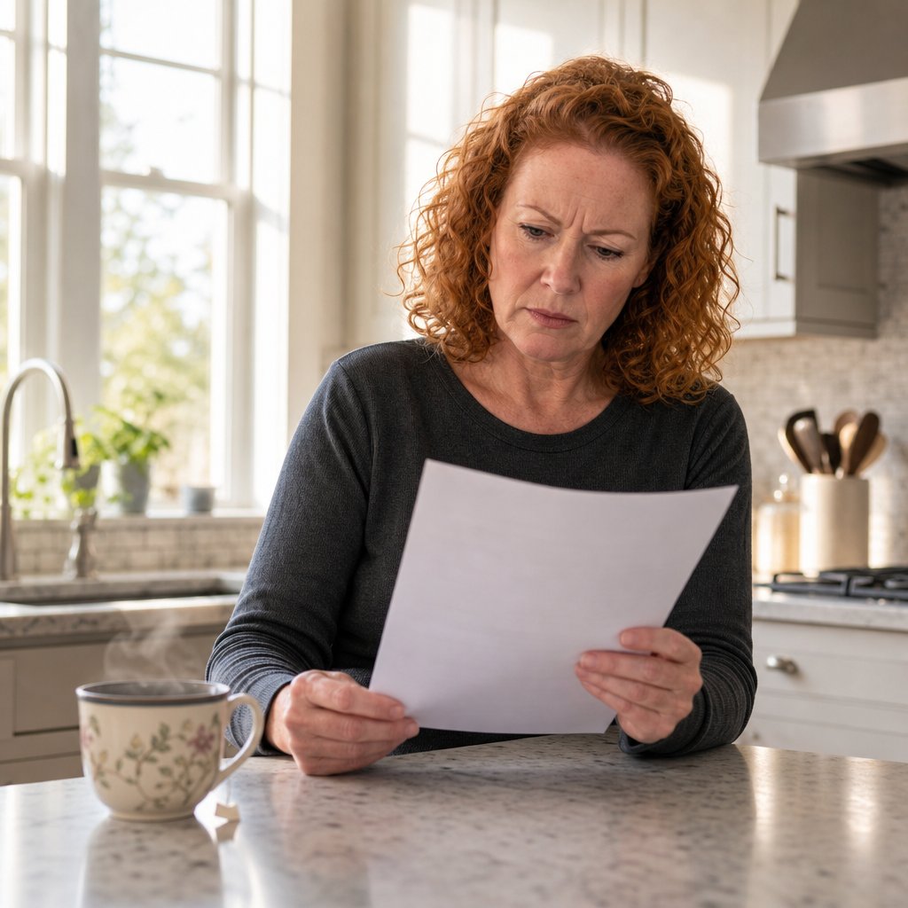 A woman studying a hospital form at a kitchen island with a confused expression.