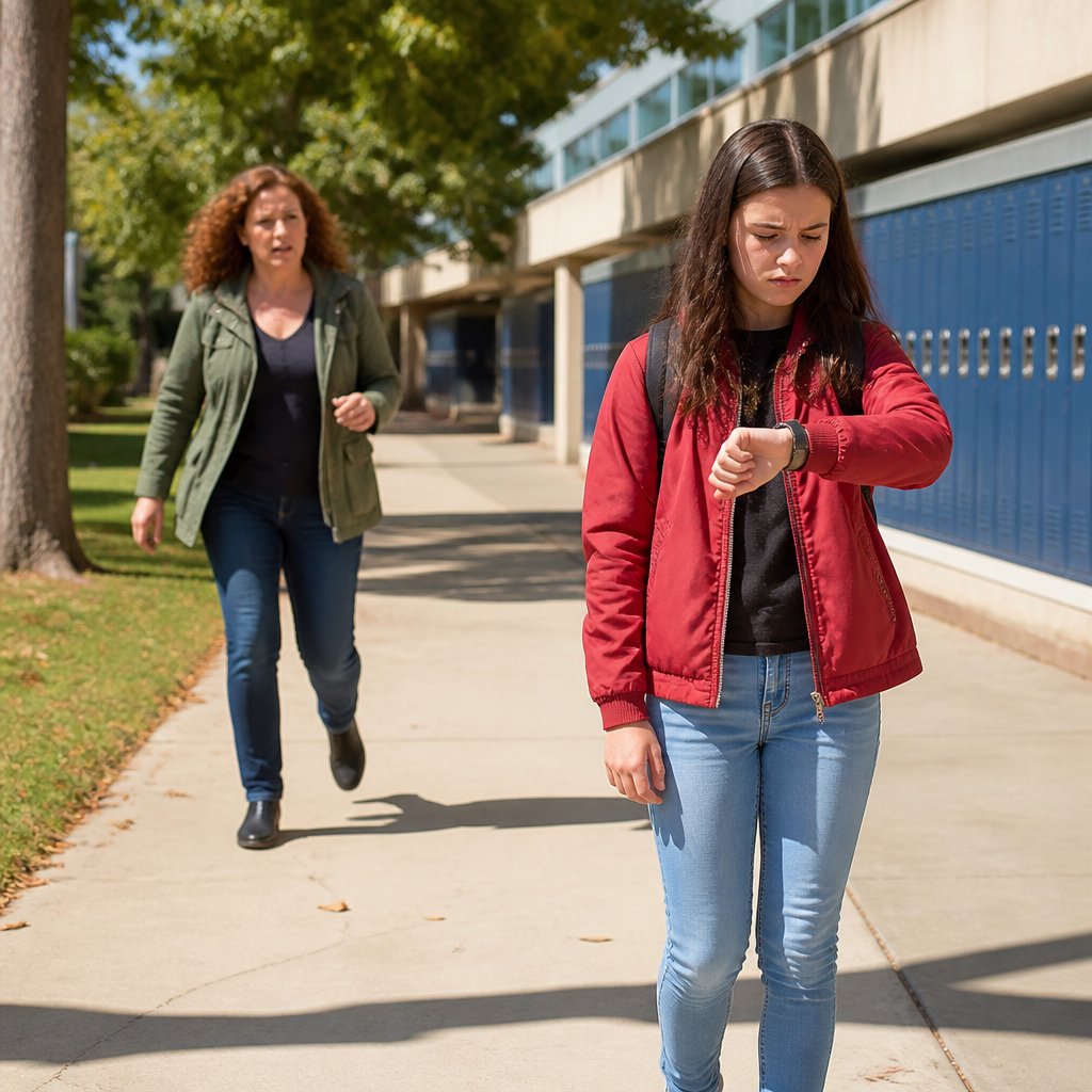 Teenage girl waiting outside a school with mother arriving late.