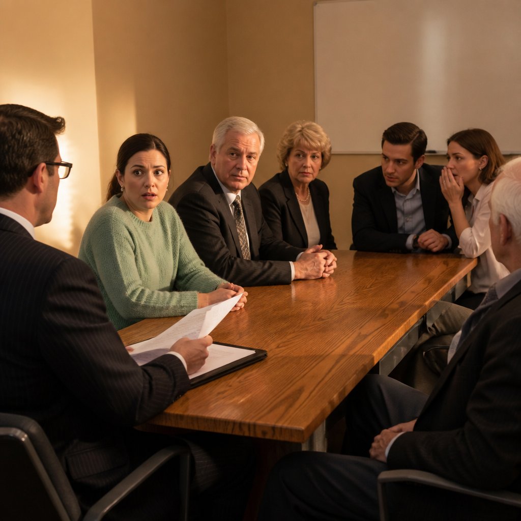 Woman seated at conference table looking surprised as attorney reads will, family members appear hostile.