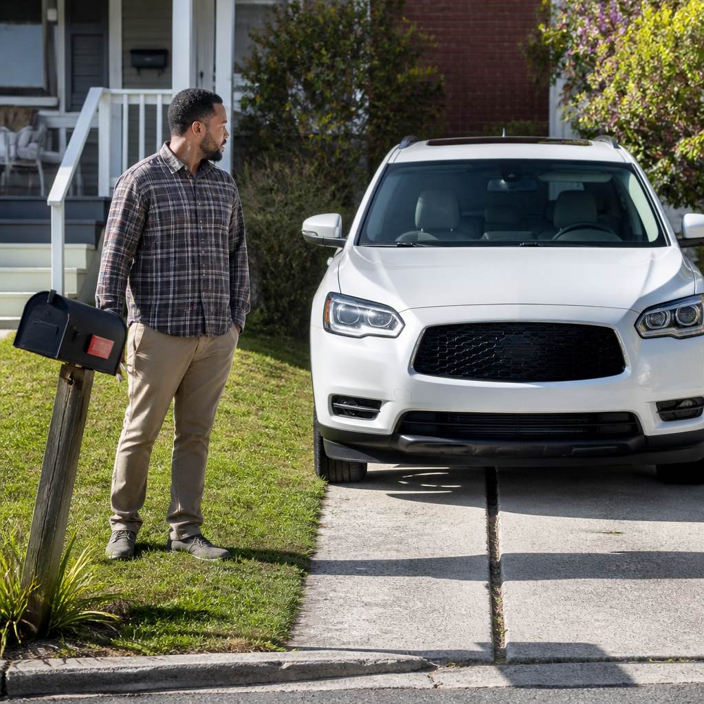 Man in flannel shirt standing on lawn near SUV parked on concrete seam by crooked mailbox.