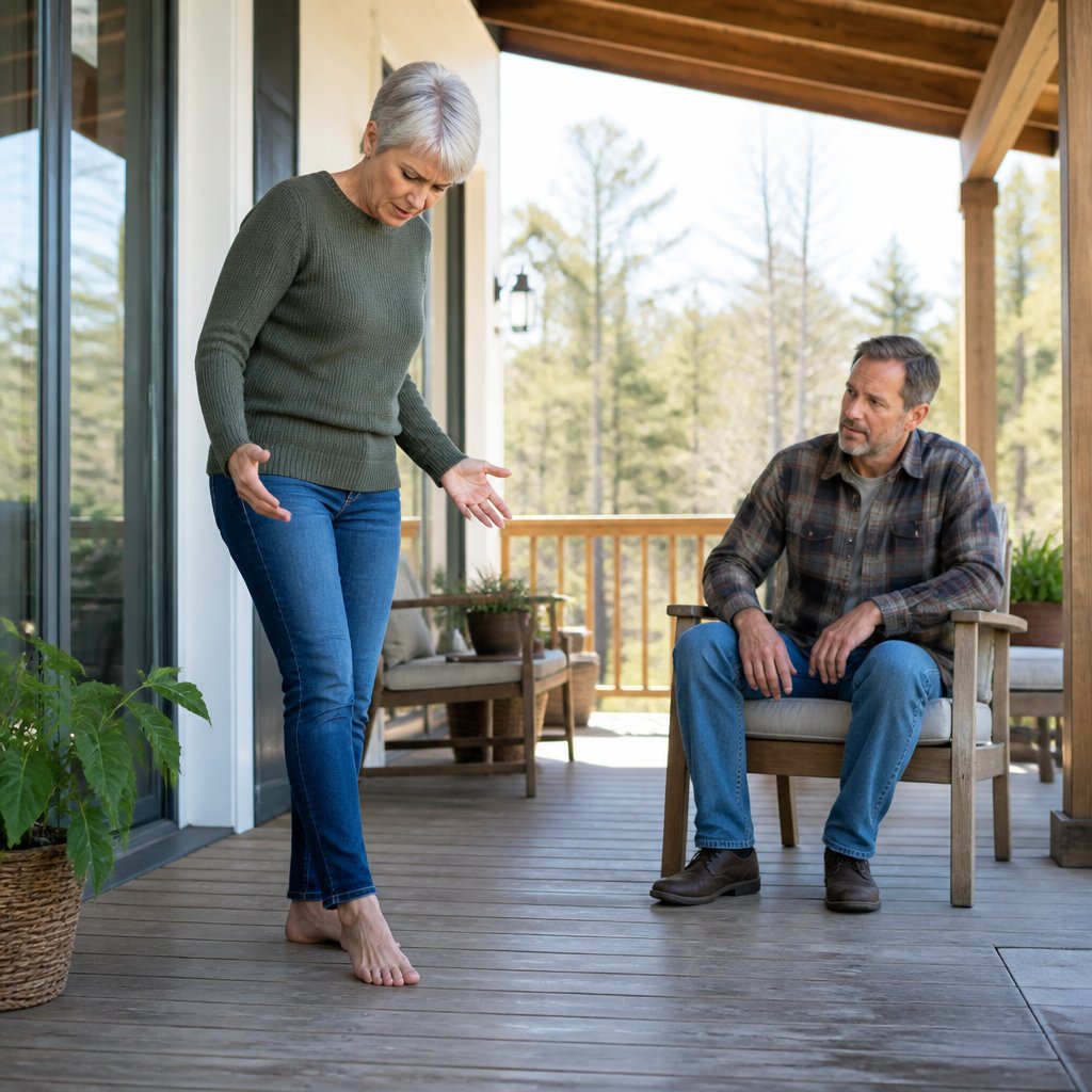 Woman on porch looking down at foot after stumbling, husband watching with concern.