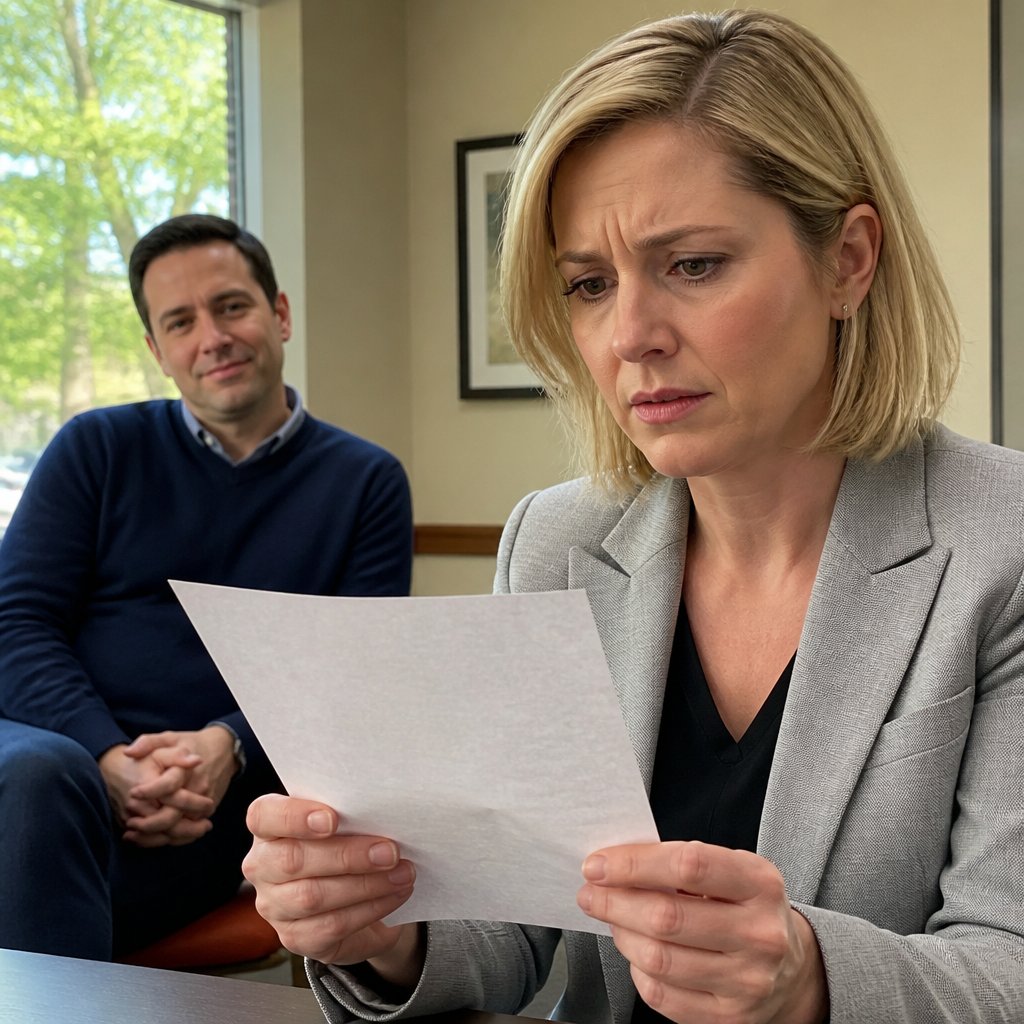 Woman tightly holding a document while a man smiles behind her in an office.