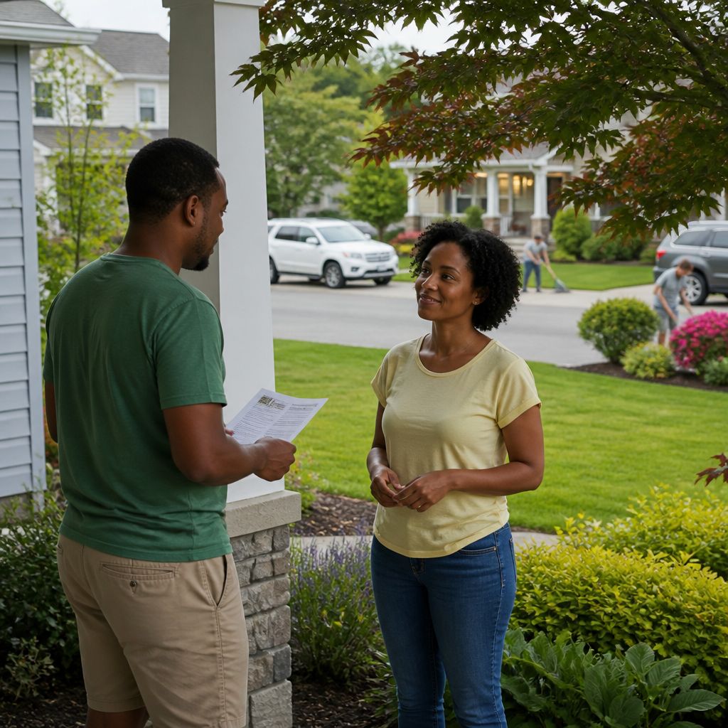 Man on front porch holding a newsletter with suburban street and maple tree branches overhead.