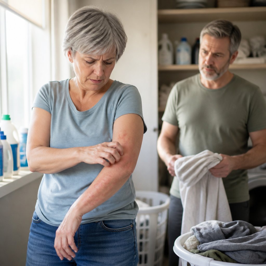 Woman scratching itchy red welts in laundry room, spouse folding clothes with concern.
