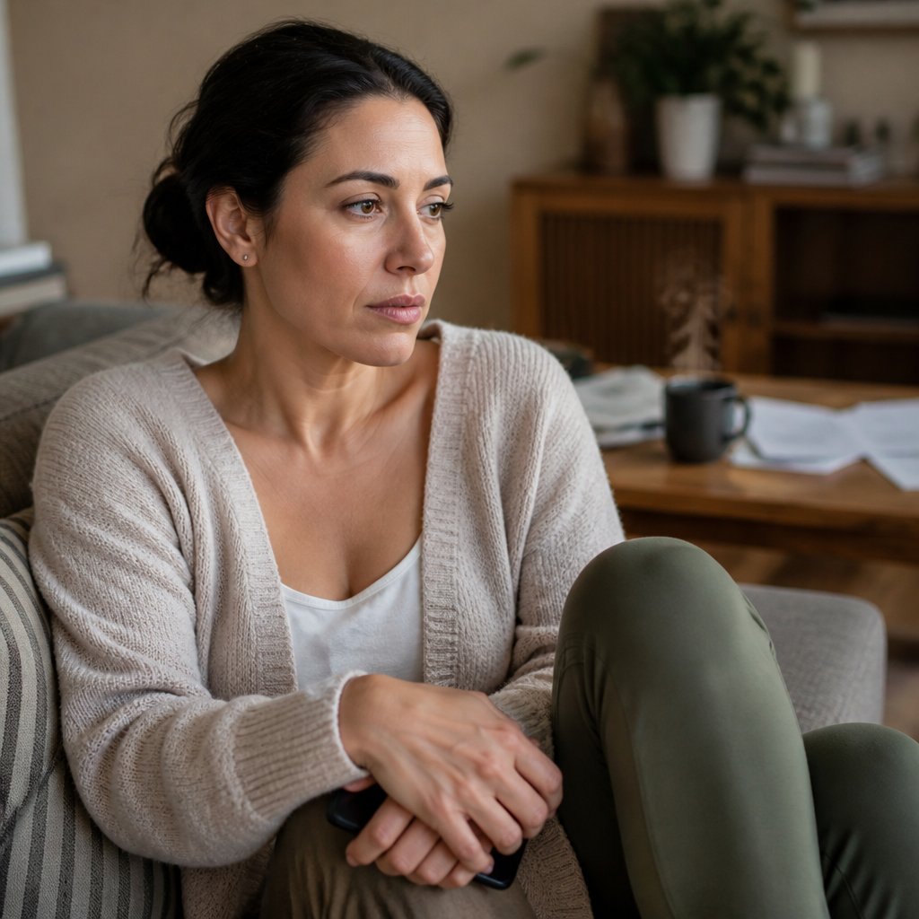 Woman holding phone face-down on couch, looking thoughtful and tense.