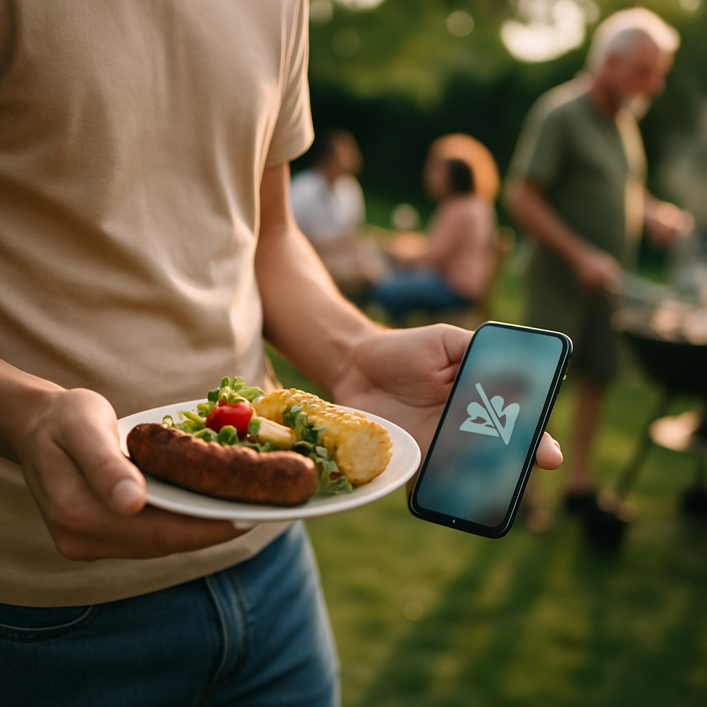 Family barbecue with grill smoke and people talking outdoors