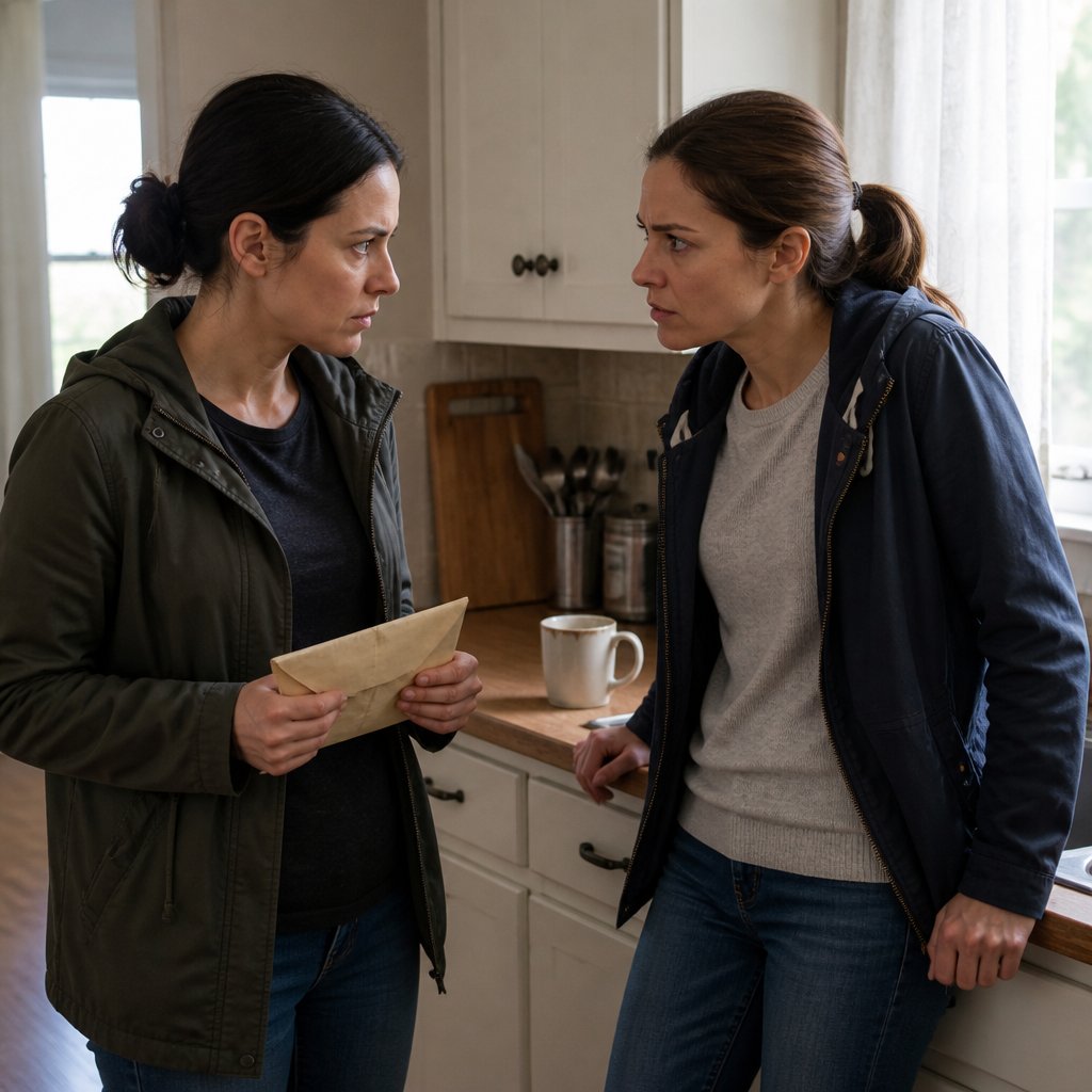 Two sisters in a kitchen, one holding an envelope, the other looking stern.