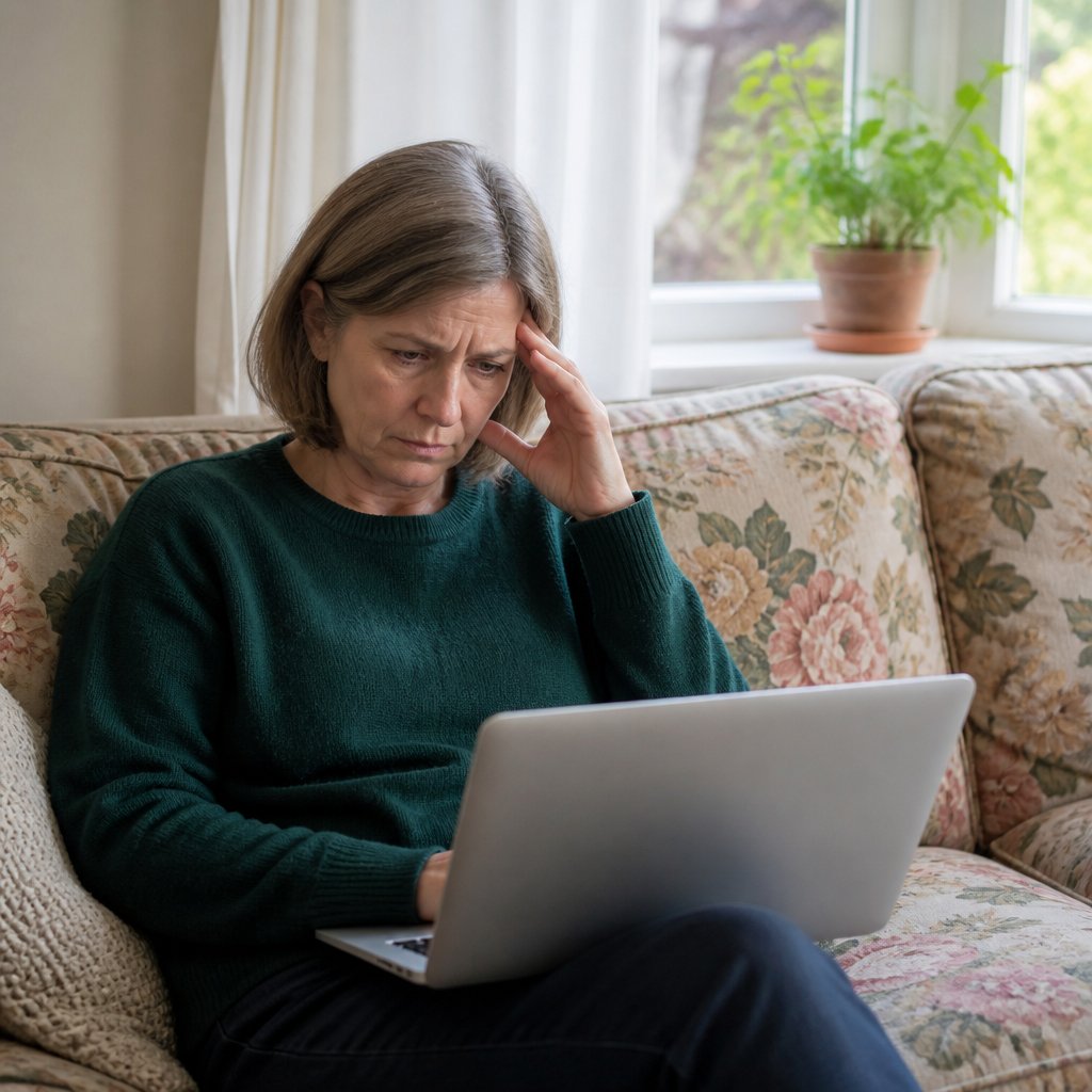 Woman on couch reading laptop with tense expression, green sweater, cozy living room.