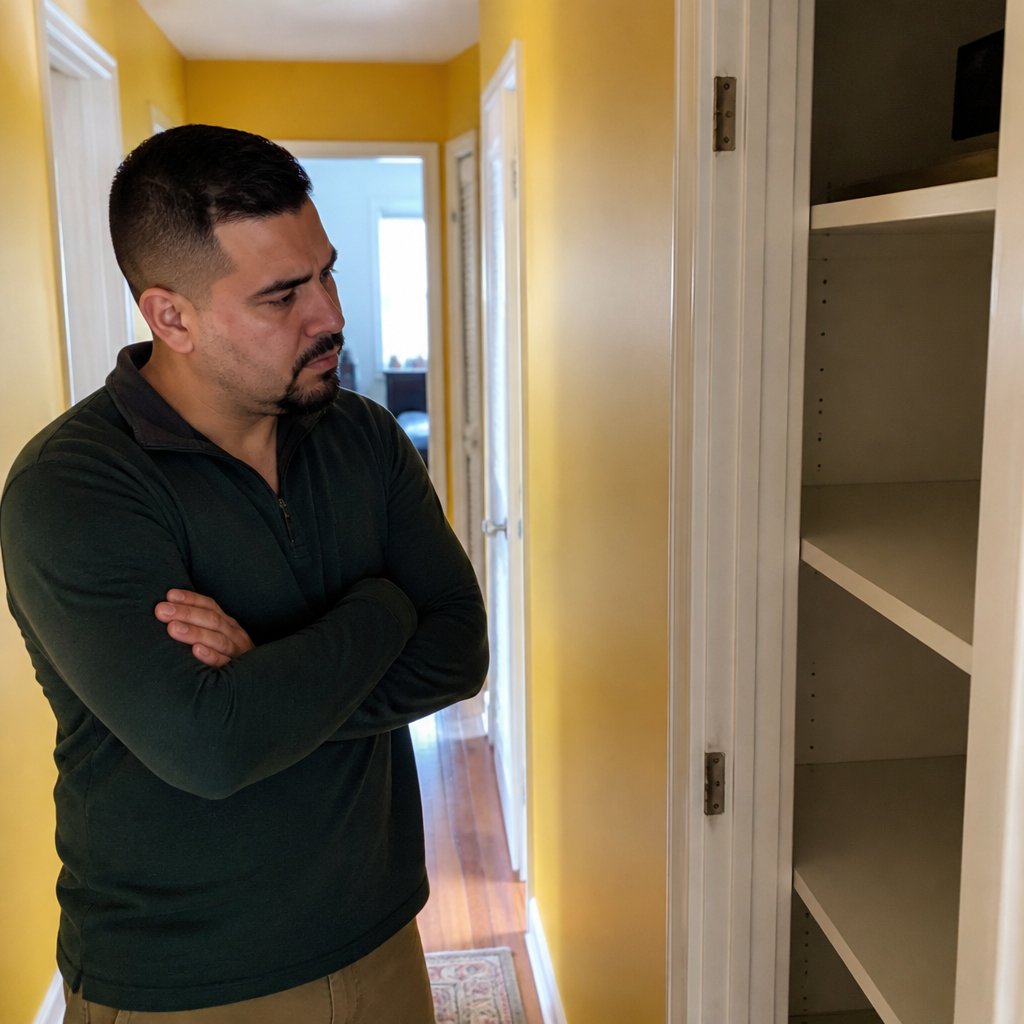 Man standing near an empty linen closet, looking serious and slightly defensive.