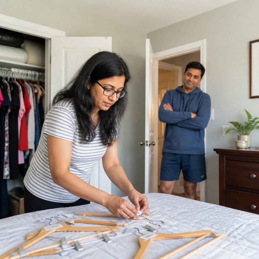 Woman labeling hangers while man watches her with a smirk from the doorway.