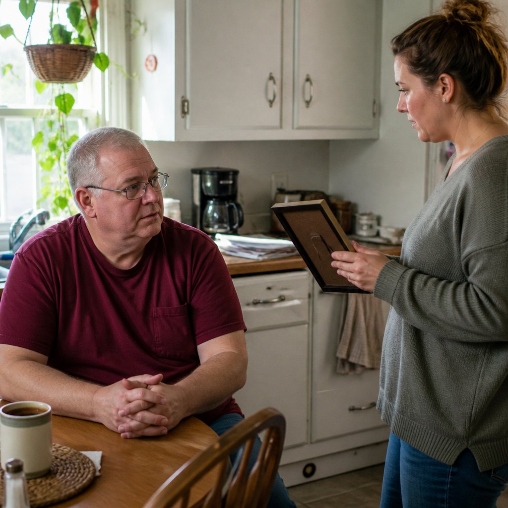 Man in maroon shirt calmly listening at kitchen table while woman holds a photo, tension in the air.