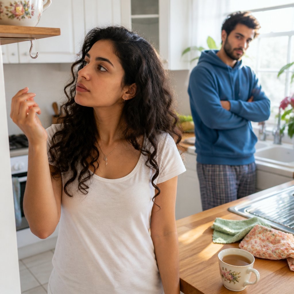 Woman notices missing chipped mug as man stands nearby in kitchen.