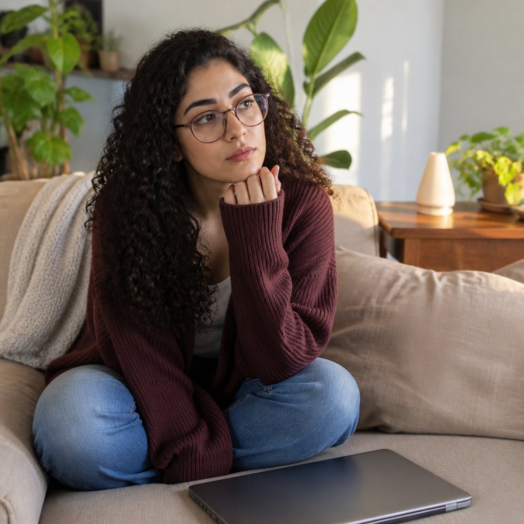Woman sitting on couch looking thoughtful with laptop closed nearby