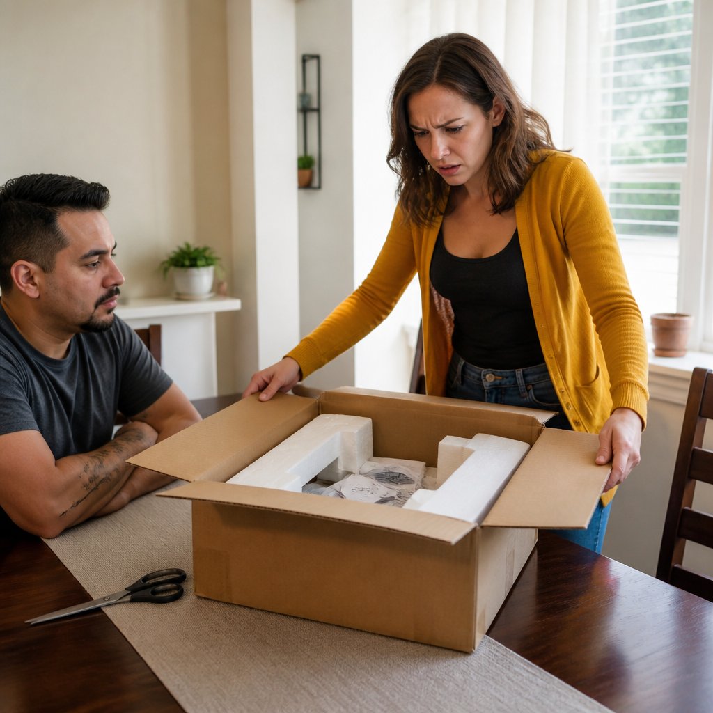 Mara stares into an open replacement box filled with foam and papers but no toaster.