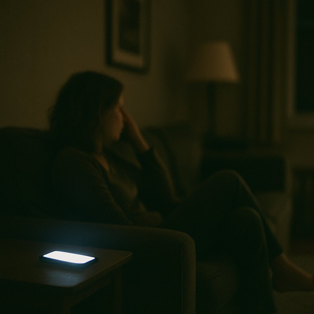 Smartphone glowing in dim living room light
