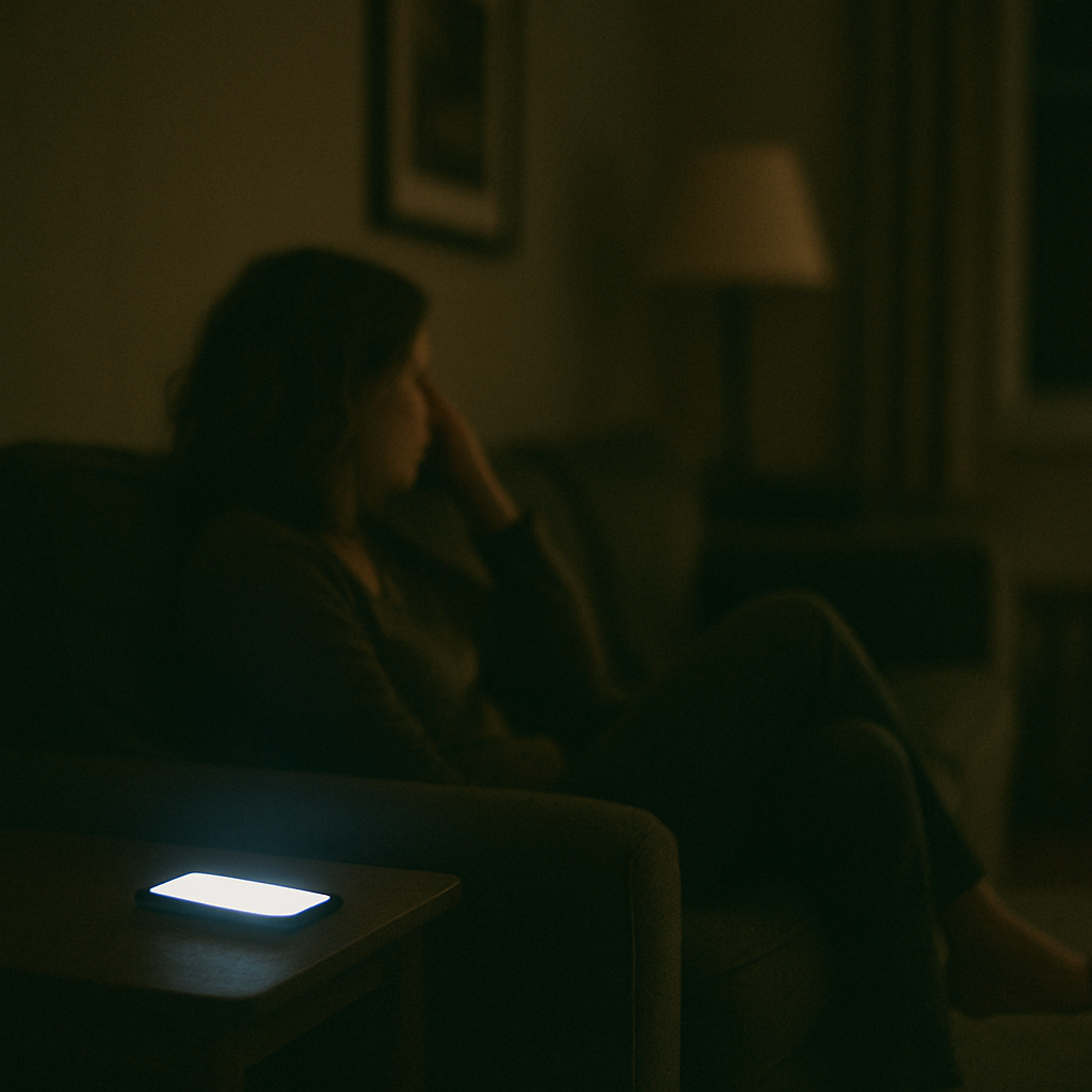Smartphone glowing in dim living room light