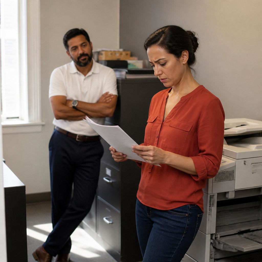 Mara reads a printed email while Dylan watches from a few steps away, as if waiting for her response.