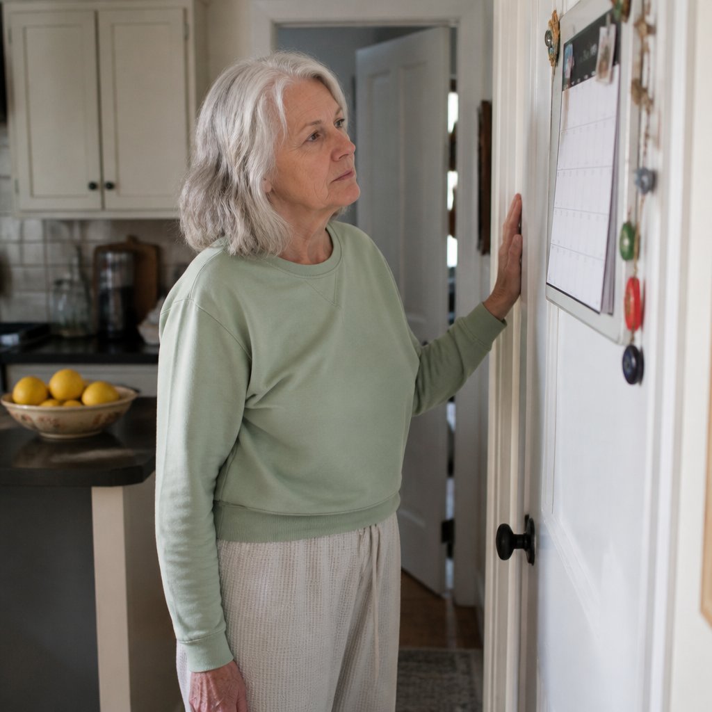 Nina stares at the calendar on the pantry door, tense as a doorway behind her sits slightly open.