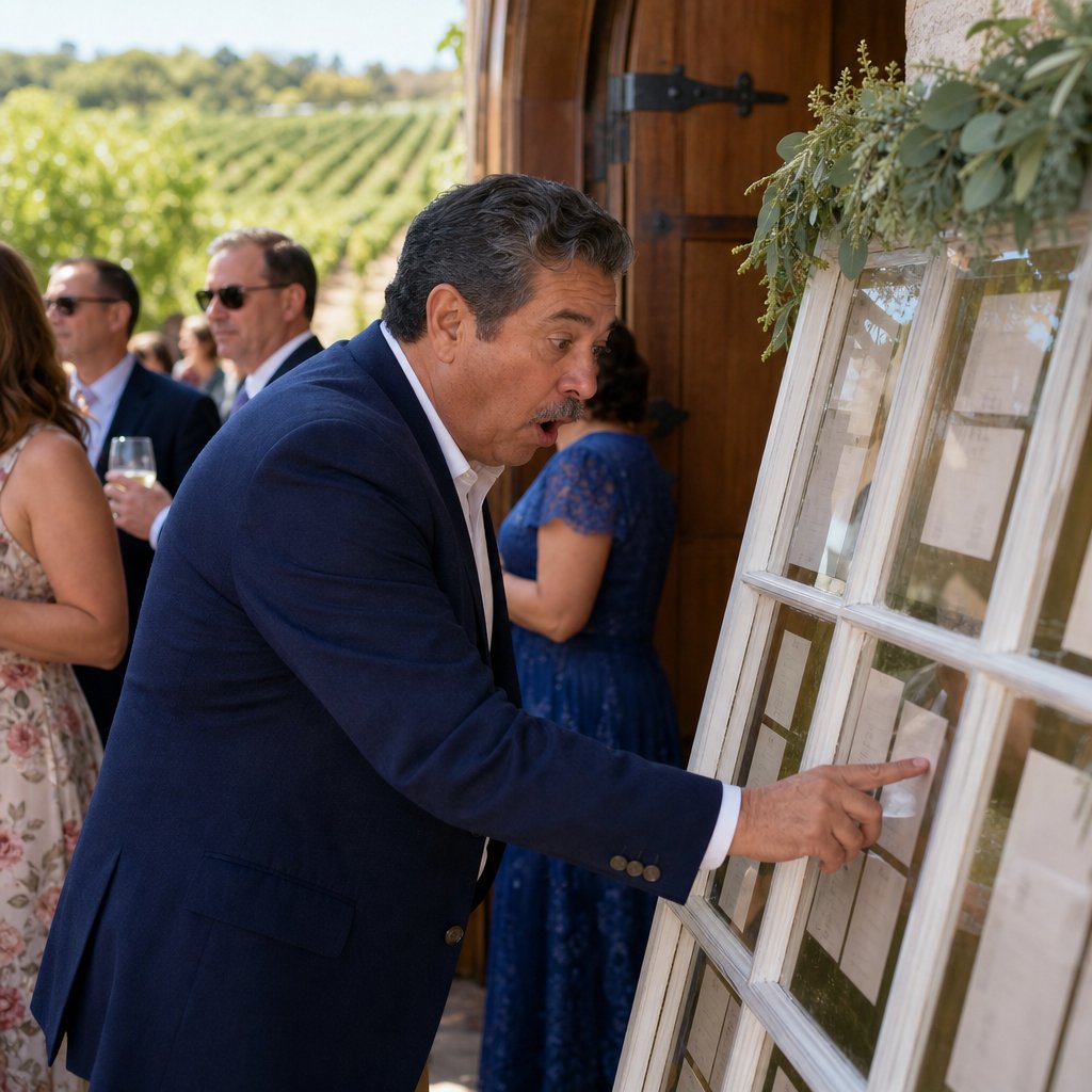 A man leans in close to a seating chart, looking shocked as guests mingle behind him.