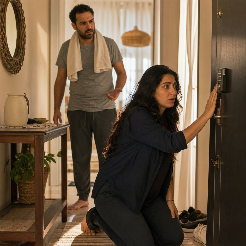 A woman kneels by the front door lock panel looking shaken as her bearded husband stands behind her, confused.