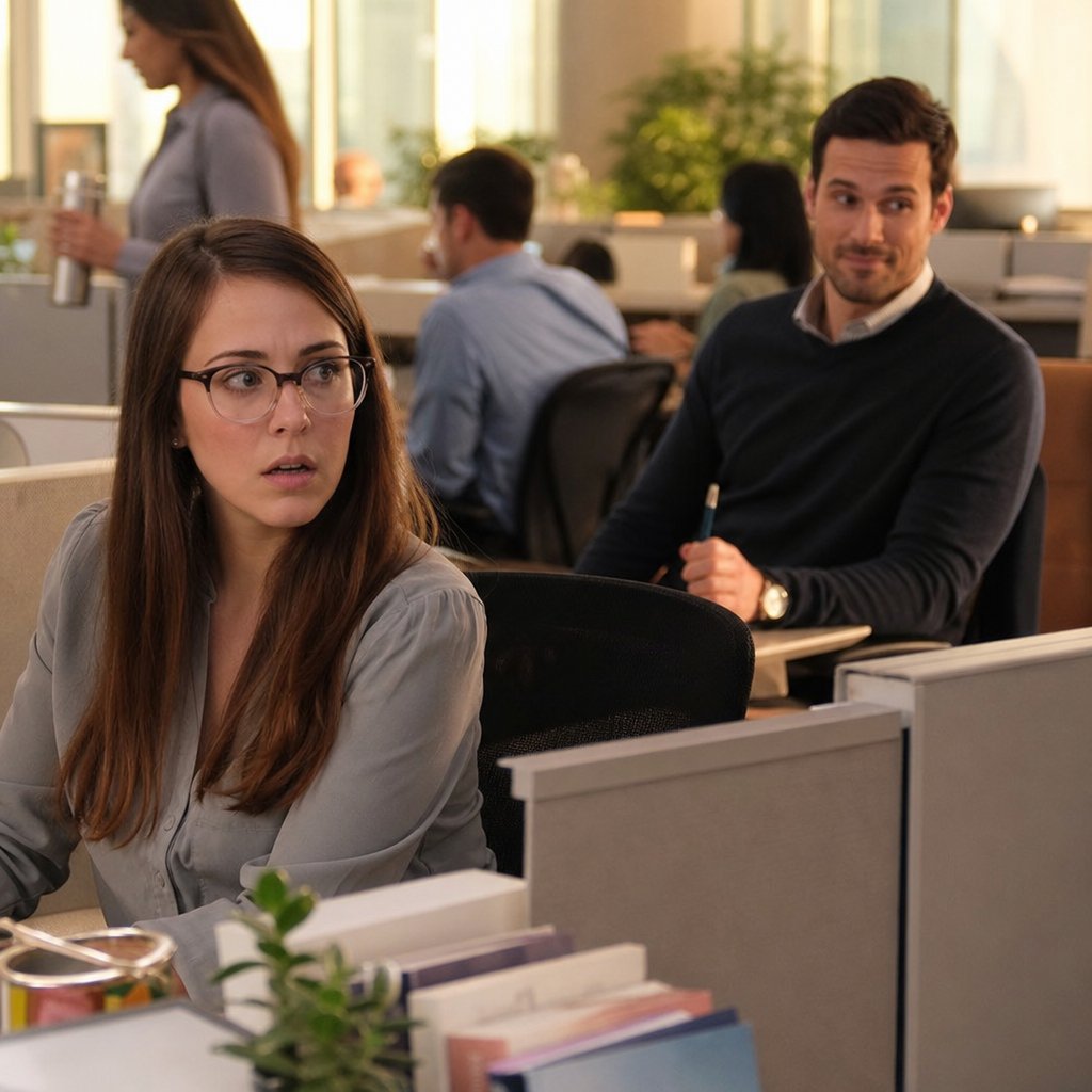 A tense young woman with glasses looks sideways across an office toward a smirking man with a pen.