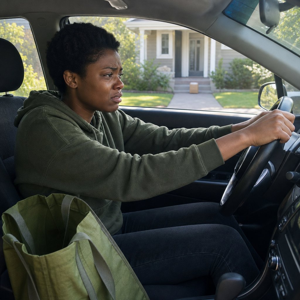 Mara sits in her car gripping the steering wheel after a humiliating grocery trip, staring toward a package on the front step.