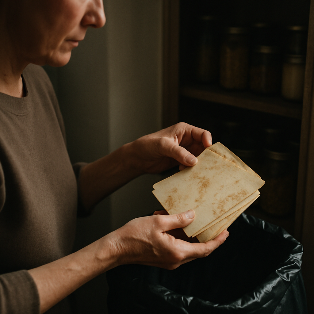 Old recipe cards held over a partially filled trash bag in a pantry.