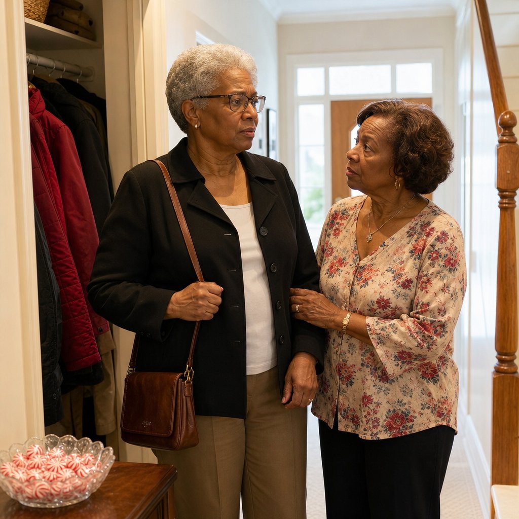In a hallway, an older aunt grips a woman’s elbow in a private, worried conversation while the woman looks stunned.