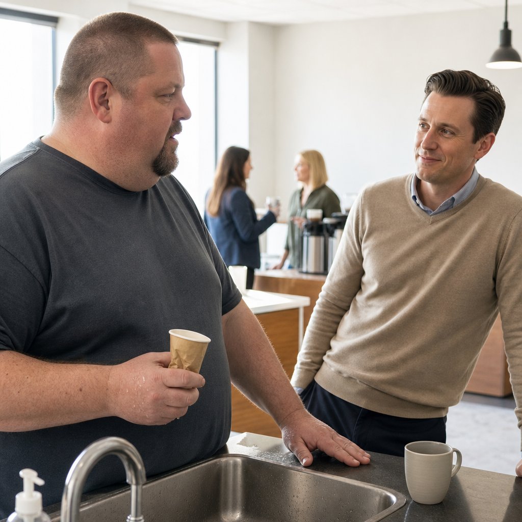 In an office kitchenette, a tense man grips a crushed paper cup while a coworker watches him calmly.