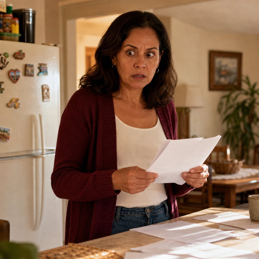 Mara reads a parenting plan on paper at her counter, stunned by what it says.