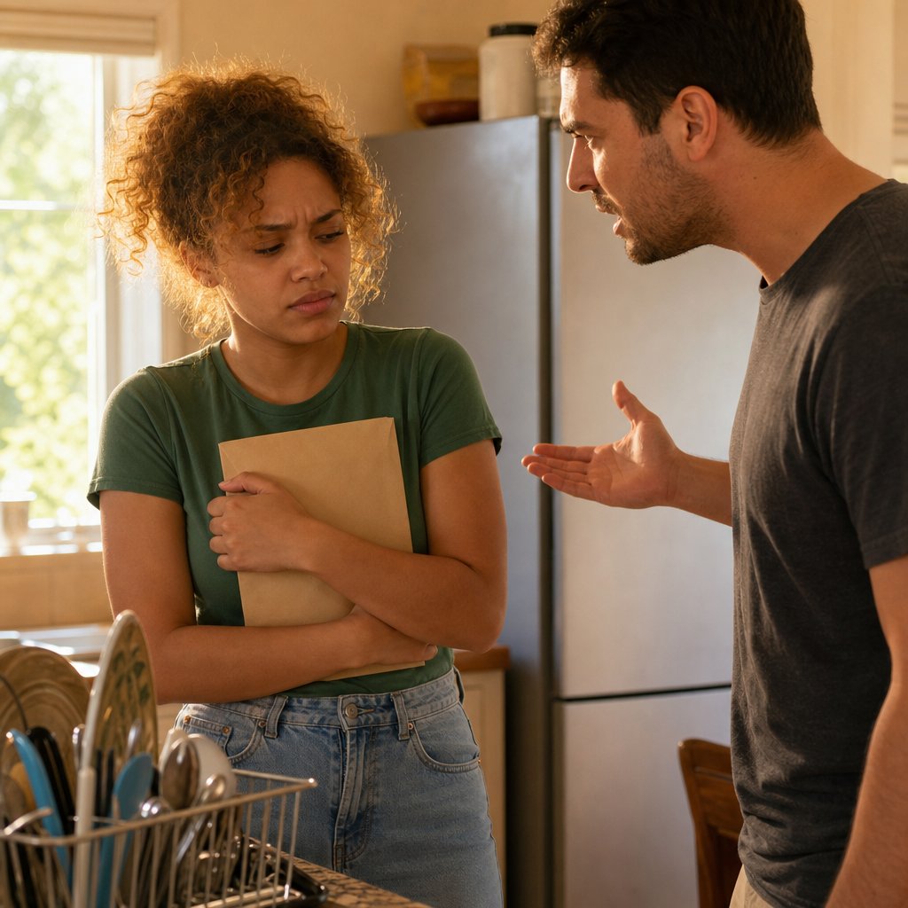 A tense couple faces off in a kitchen as the man demands an envelope the woman is holding.