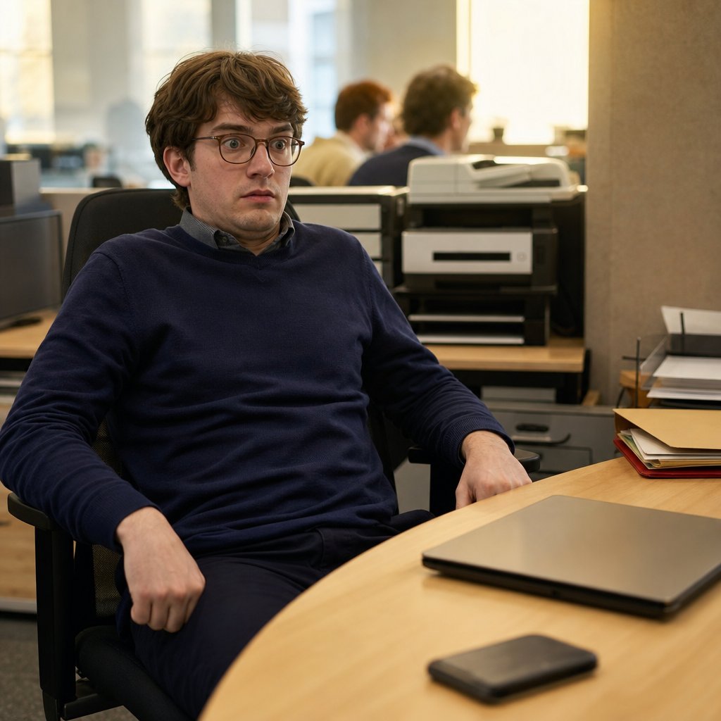 At his desk, Iris looks stunned, gripping the desk edge as if he’s just seen something alarming.